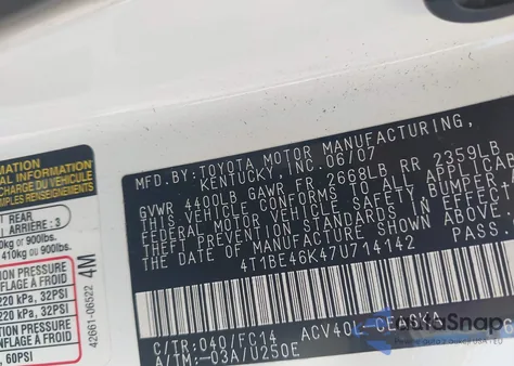 2007 Toyota Camry Ce/Le/Xle/Se z USA, uszkodzony, nr VIN 4T1BE46K47U714142